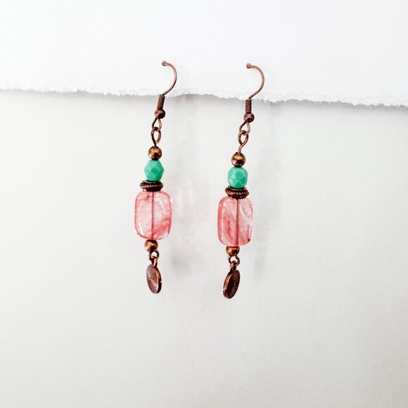 Handmade Cherry Quartz & Copper Dangle Earrings - Picture 2 of 9